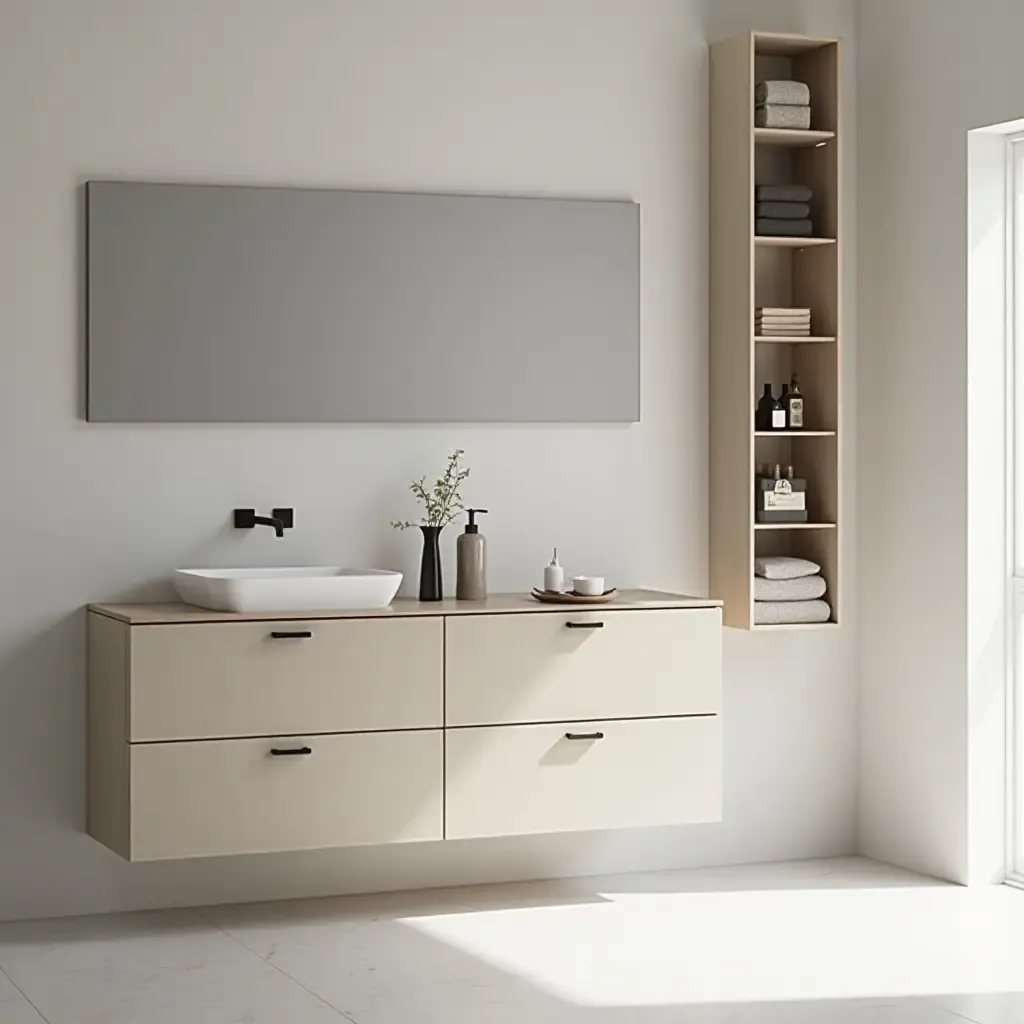 a photo of a minimalist bathroom with built-in wall cabinets