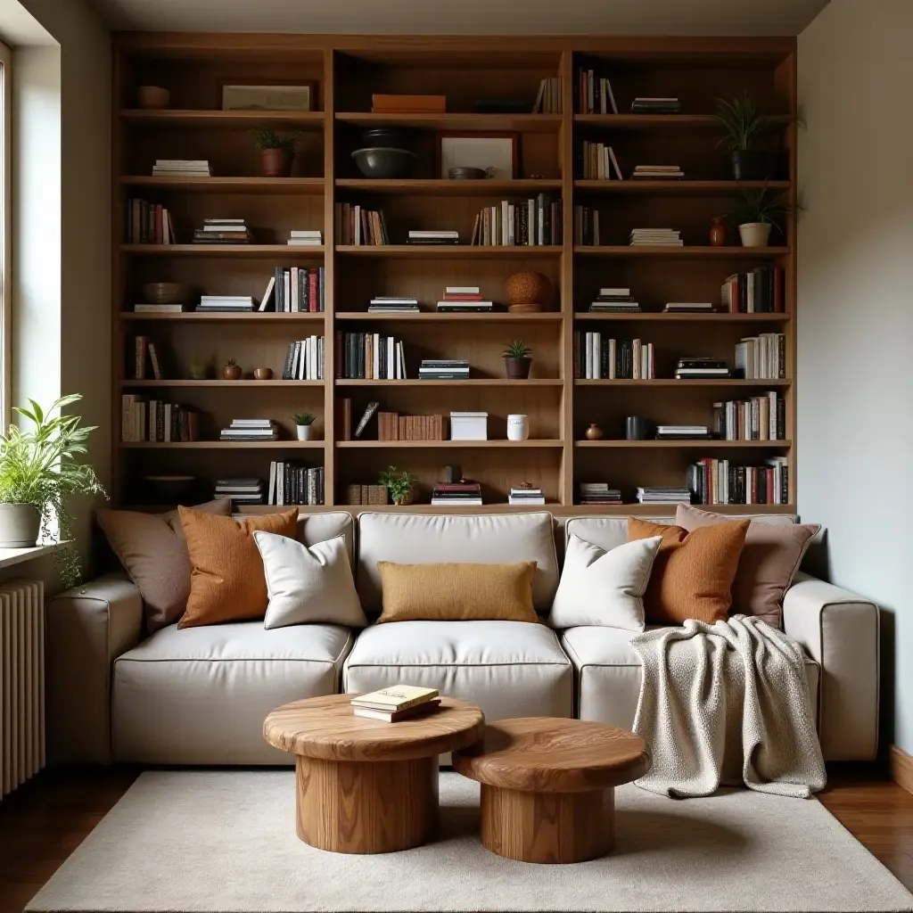 a photo of a cozy reading nook with open shelves filled with books and cushions