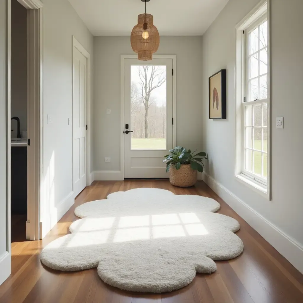 a photo of an entrance hall featuring a whimsical rug shaped like a cloud