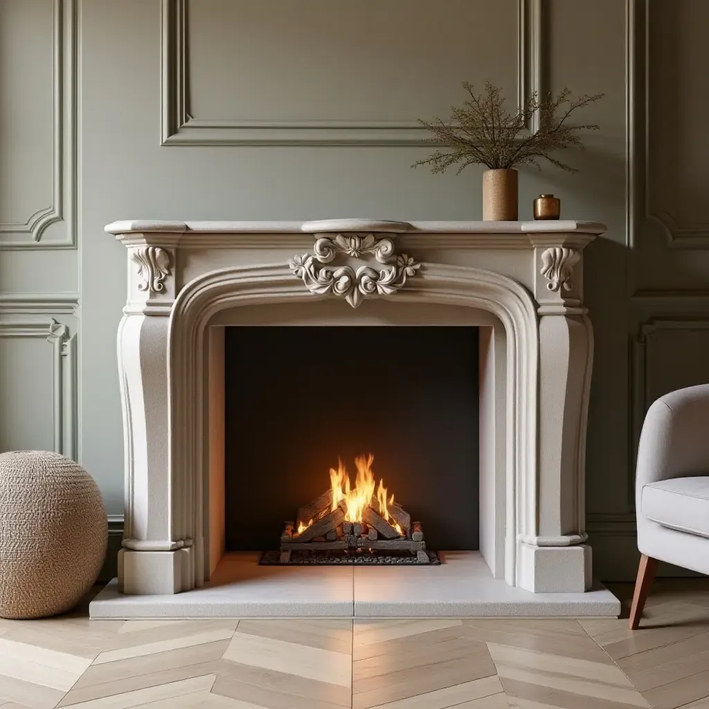 a photo of a fireplace surround with eco-friendly materials and design