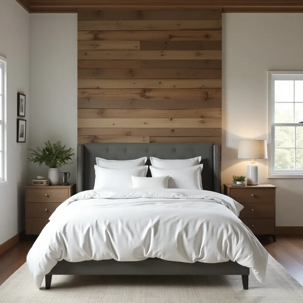 a photo of a rustic wood panel wall behind a bed in a farmhouse-style bedroom