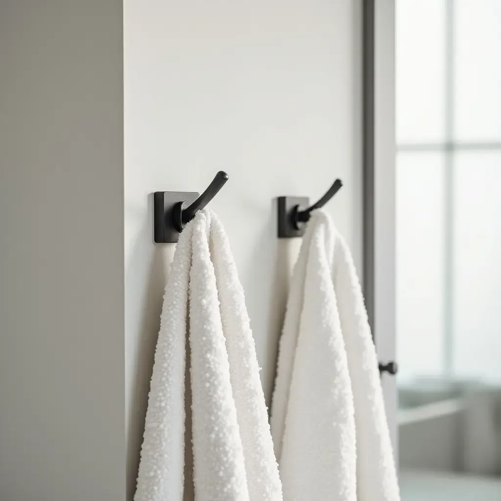 a photo of a bathroom with stylish hooks for hanging towels