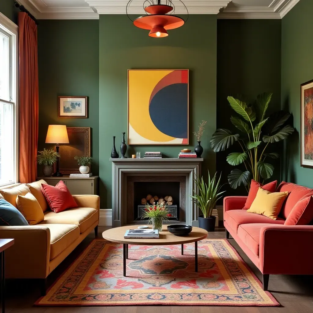 a photo of a vibrant living room blending vintage and modern elements seamlessly