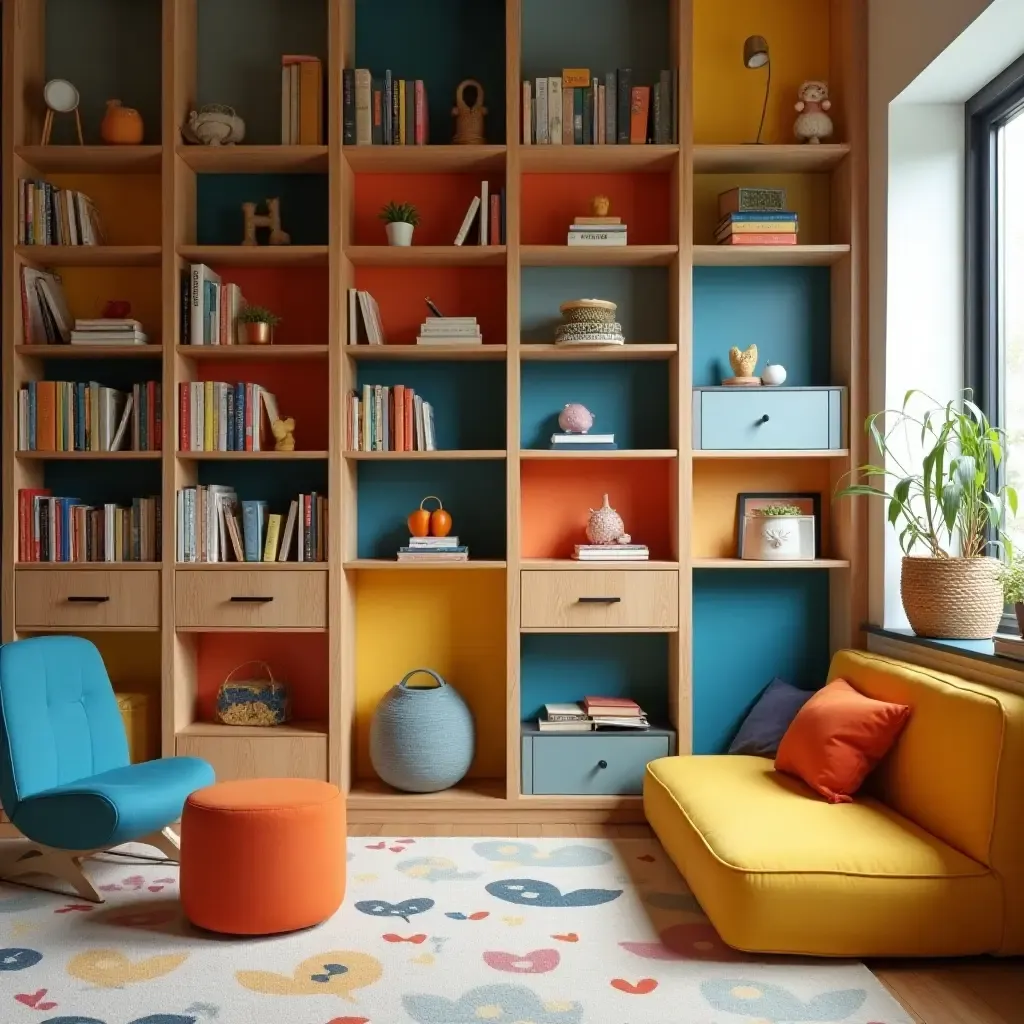 a photo of a colorful library with storage cubbies for easy access