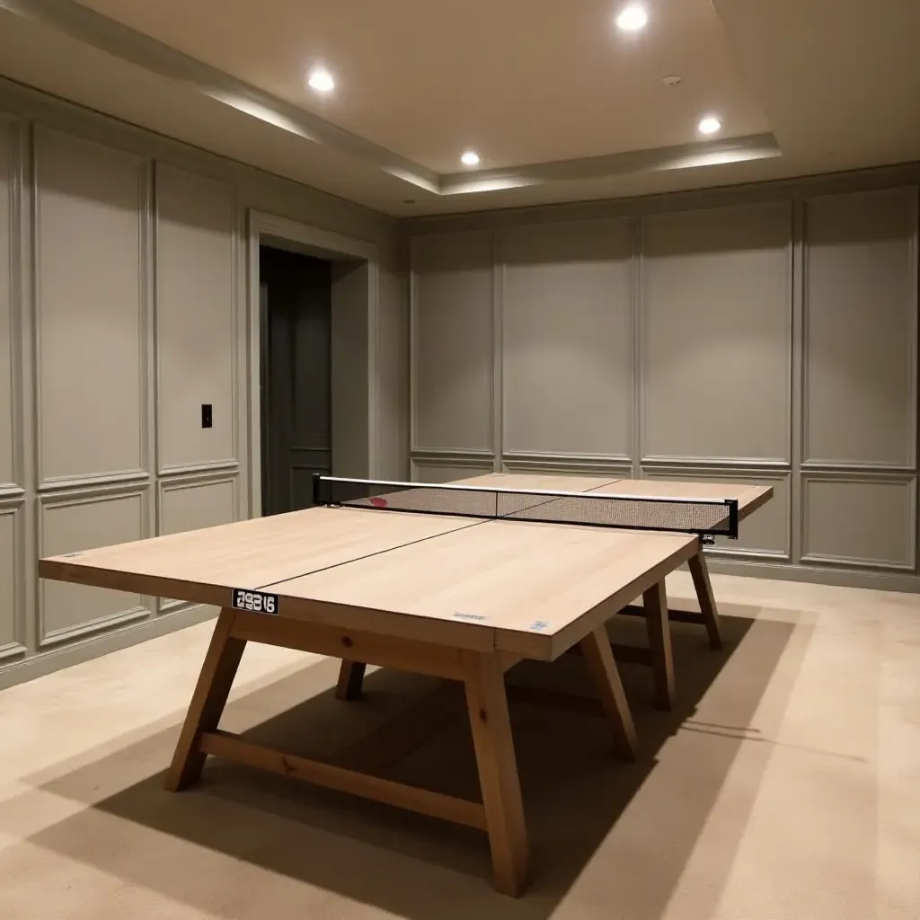 a photo of a basement game room featuring a DIY ping pong table