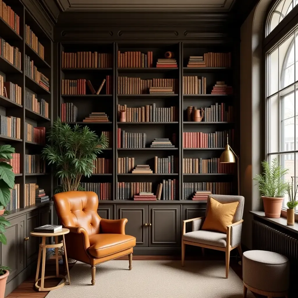 a photo of a chic small library with vintage decor