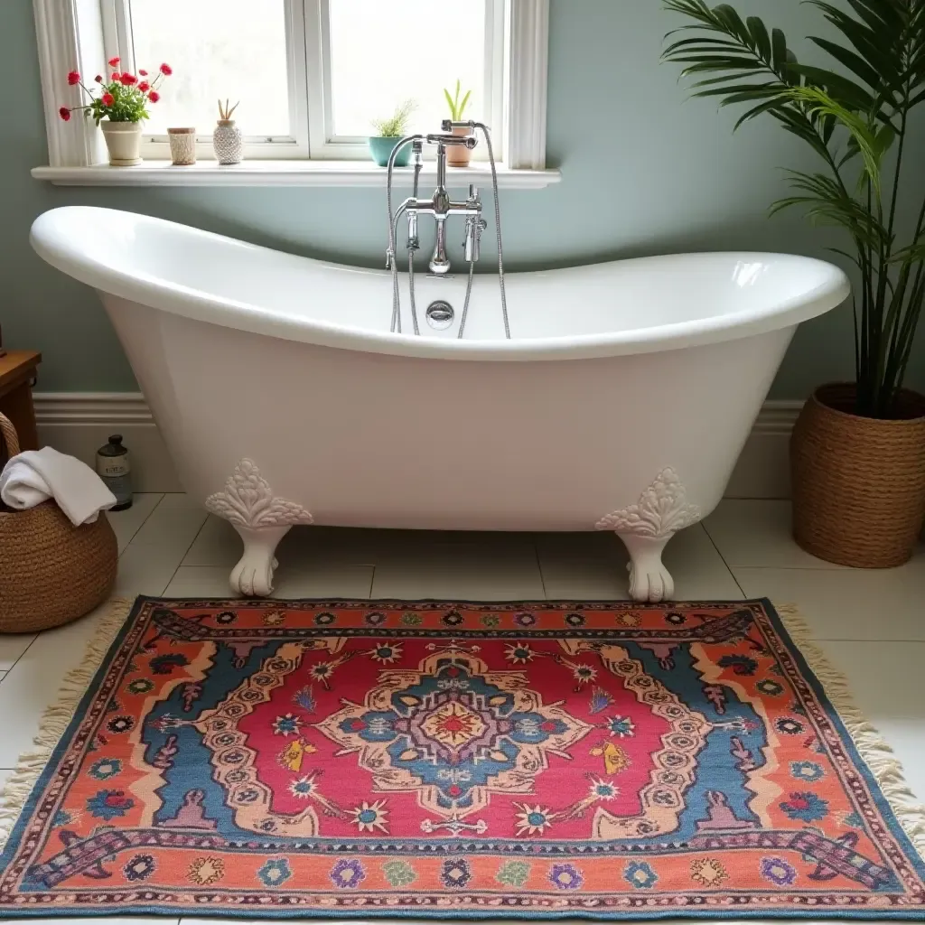 a photo of a colorful bohemian rug beside a bathtub