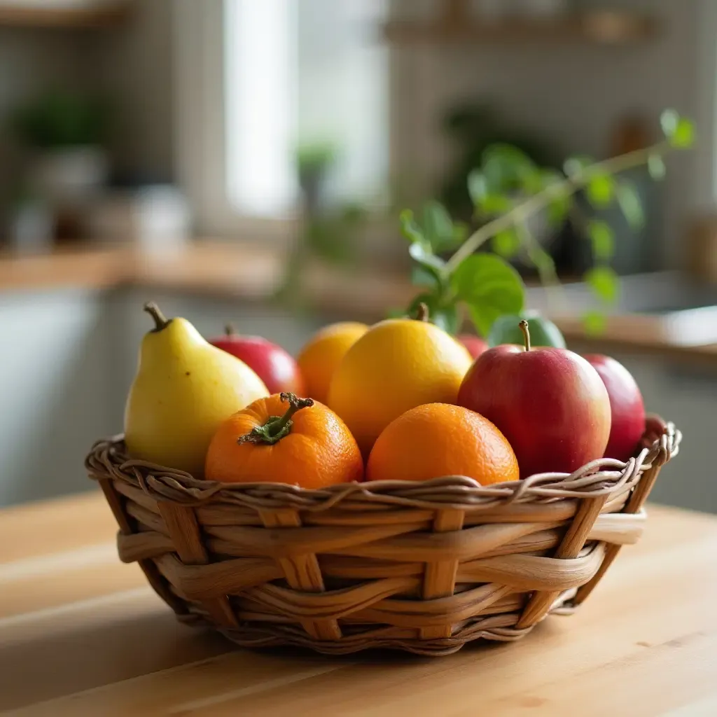 a photo of a wooden fruit basket on a kitchen table