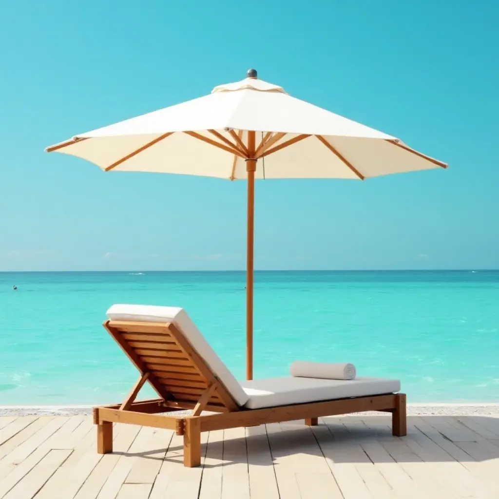 a photo of a wooden deck chair with a beach umbrella by the pool