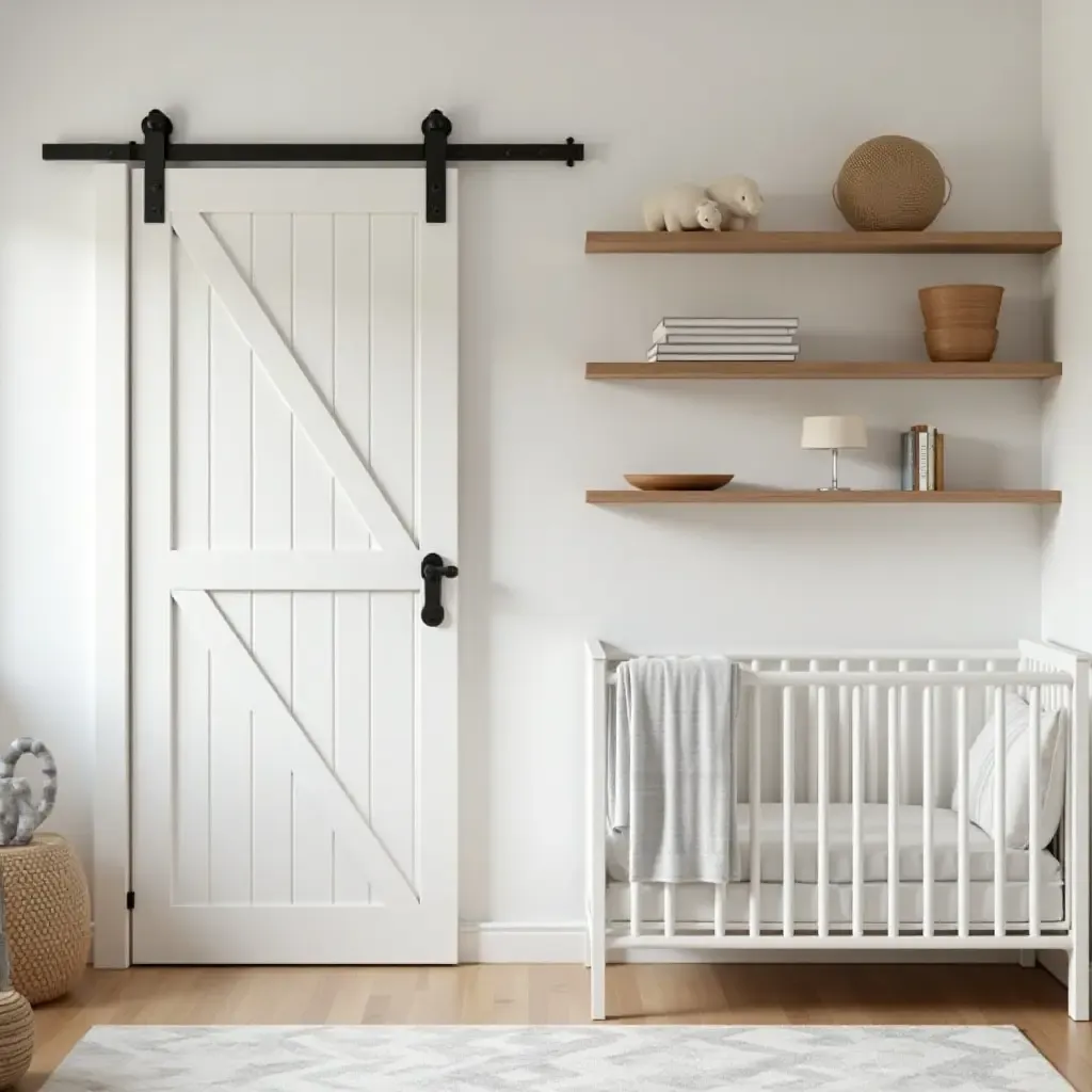 a photo of a nursery featuring a barn door and rustic wooden shelves