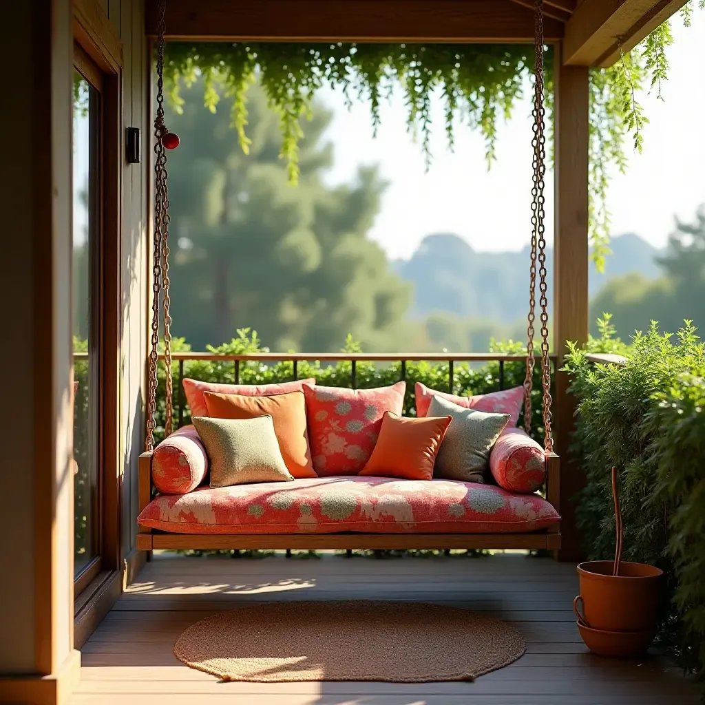 a photo of a balcony with a cozy swing and colorful cushions