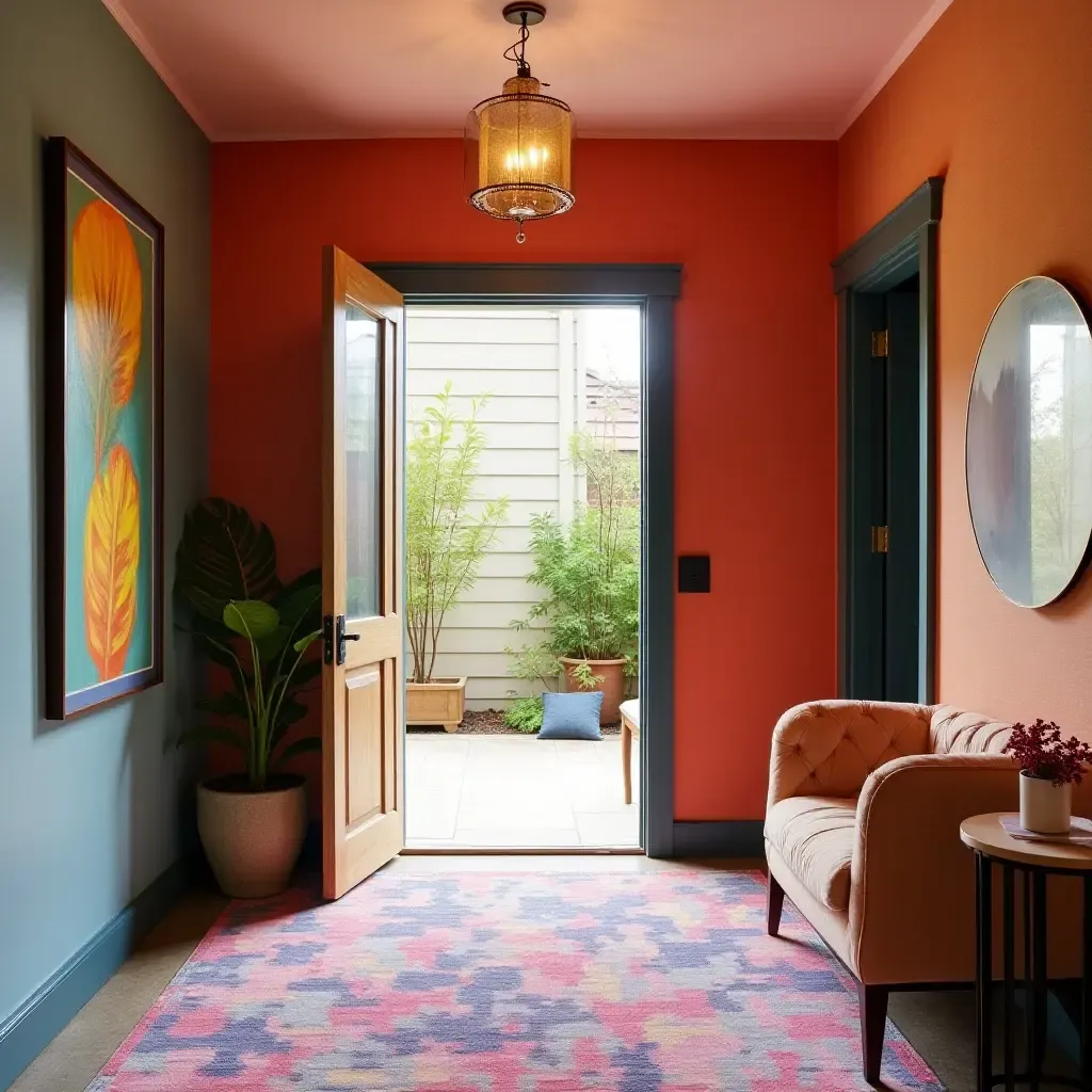 a photo of a vibrant foyer featuring a bold accent wall and eclectic decor