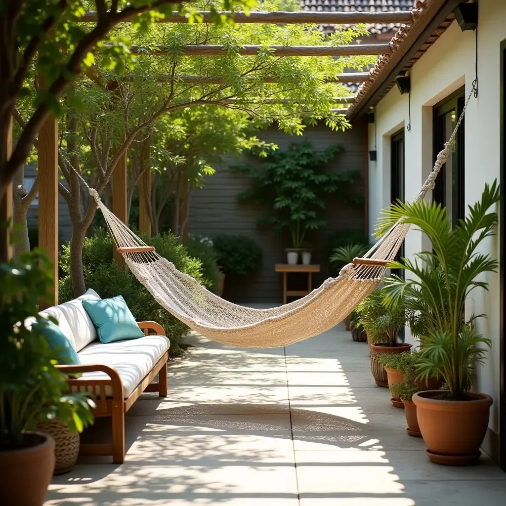 a photo of a patio with a hammock and potted plants