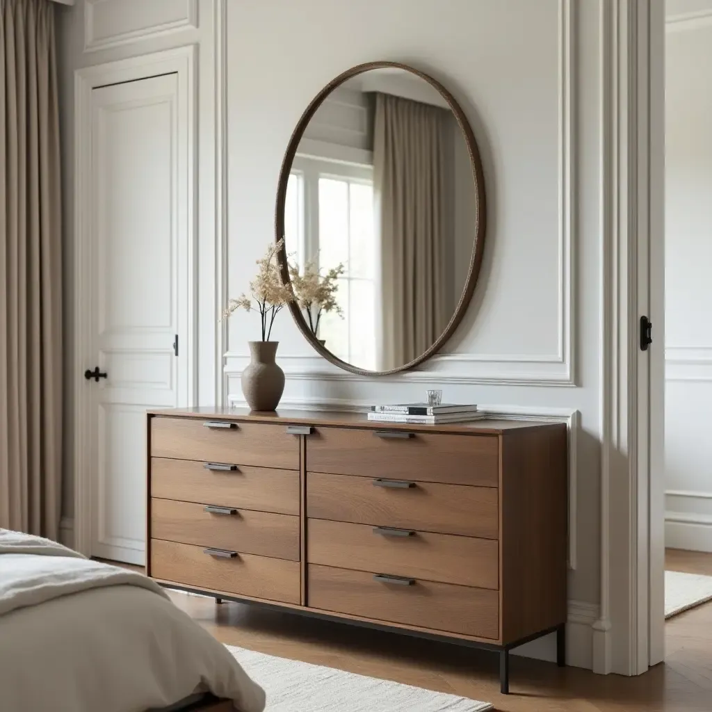 a photo of a modern bedroom showcasing a vintage mirror above a contemporary dresser