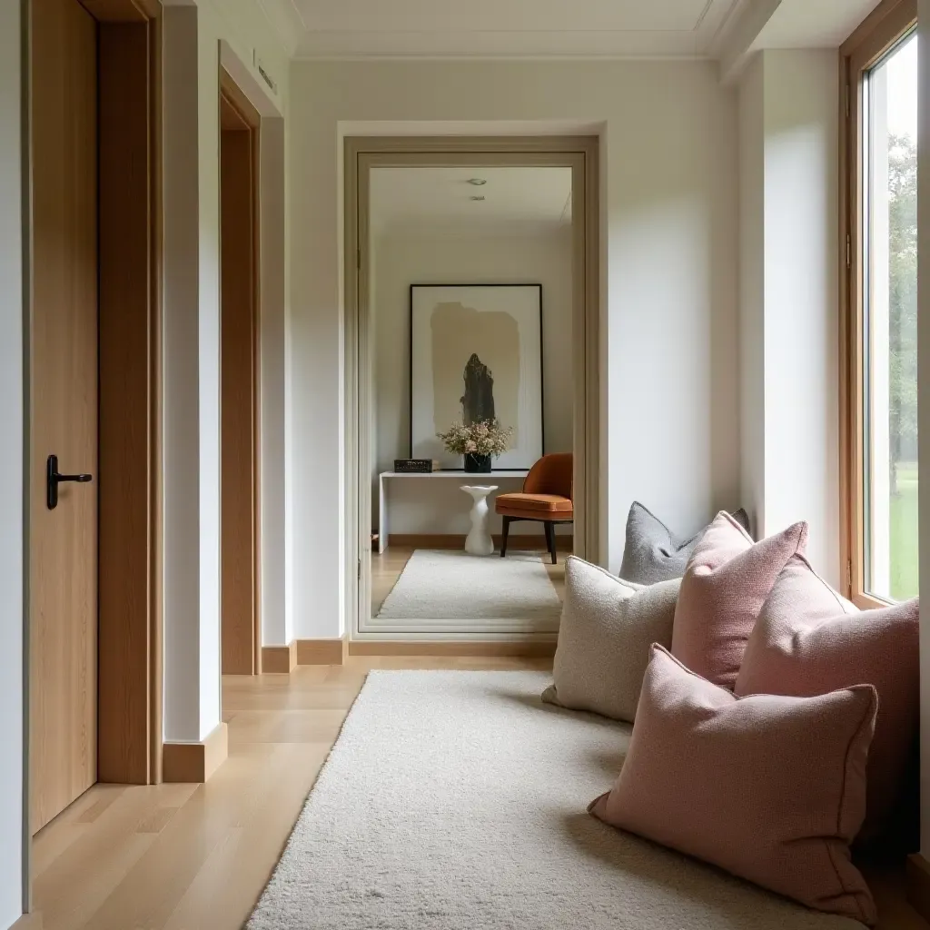 a photo of a narrow corridor enhanced by oversized, textured throw pillows