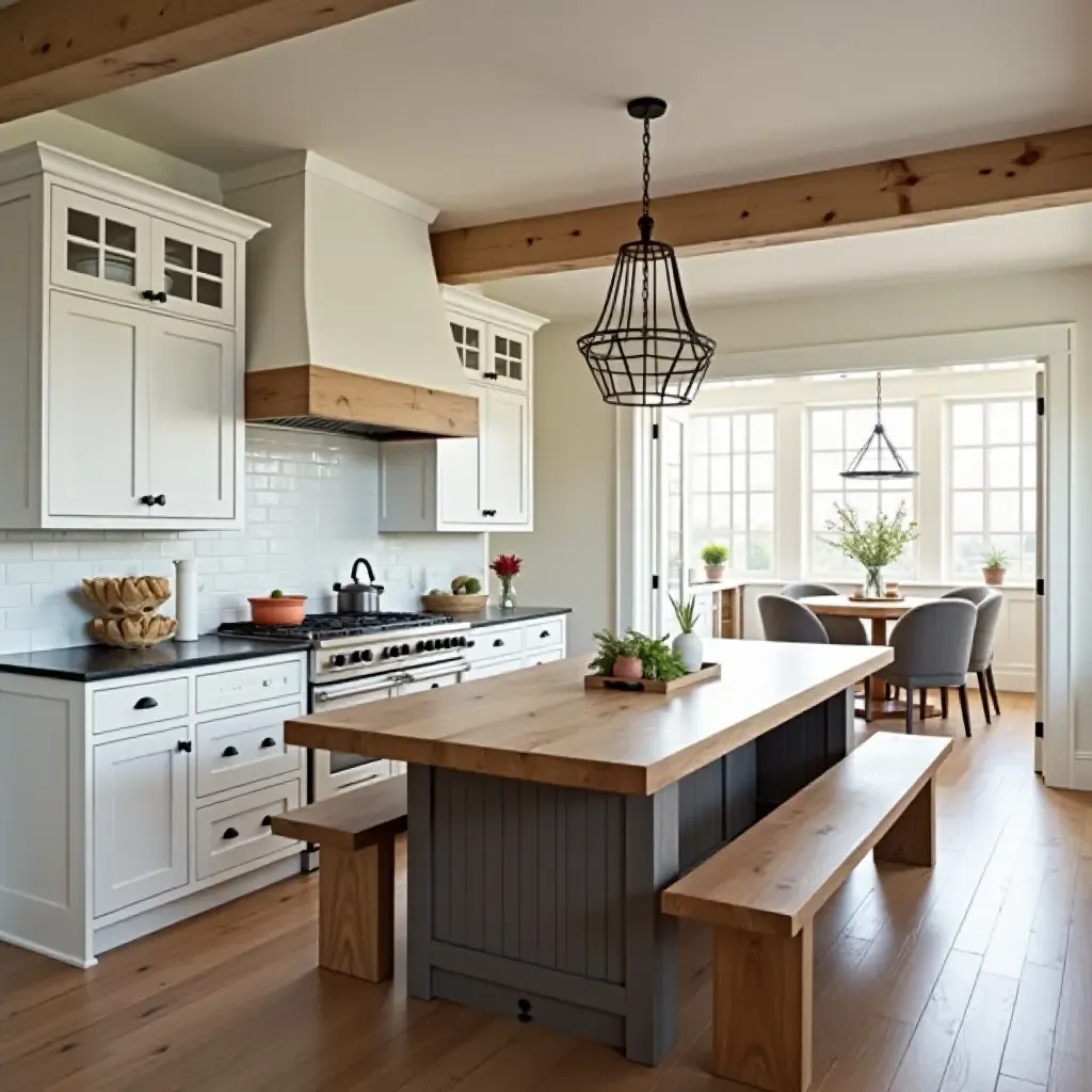 a photo of a cozy kitchen featuring a large farmhouse table and soft lighting