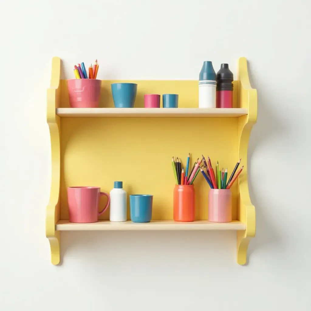 a photo of a fun, colorful wall-mounted shelf for children&#x27;s art supplies