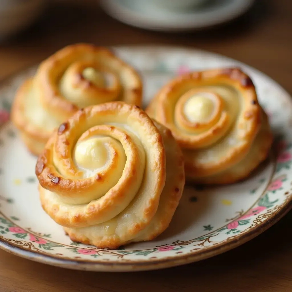 a photo of delicate sfogliatelle pastries with flaky layers, served on a vintage ceramic plate.