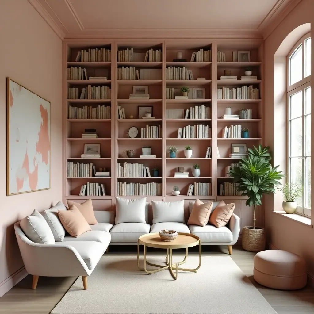 a photo of a library filled with soft pastel colors and eclectic decor