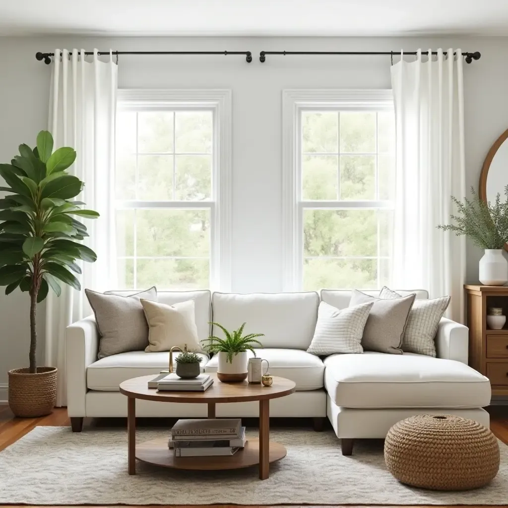 a photo of a bright living room decorated with greenery and farmhouse accents