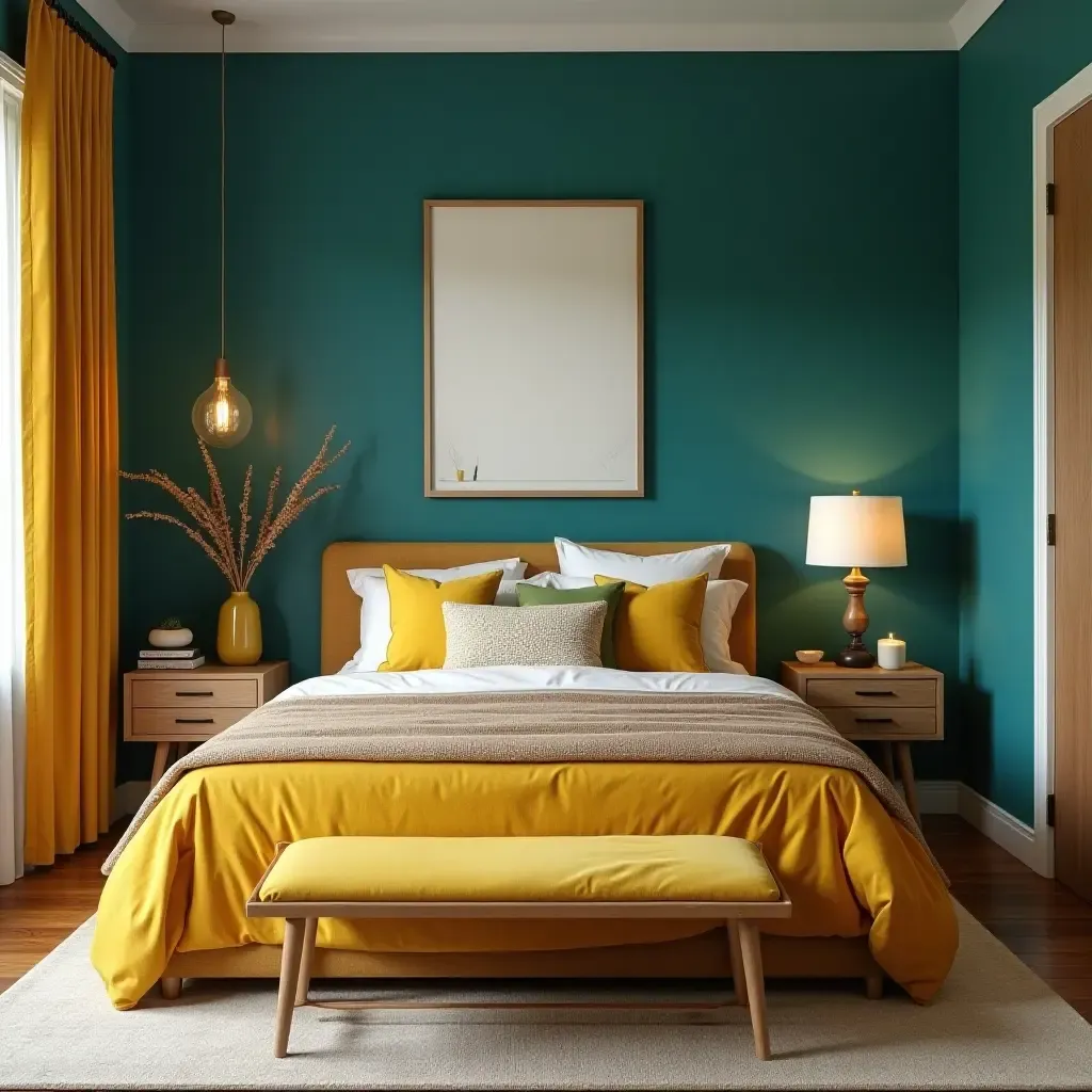 a photo of a vibrant teal and mustard yellow bedroom with stylish decor