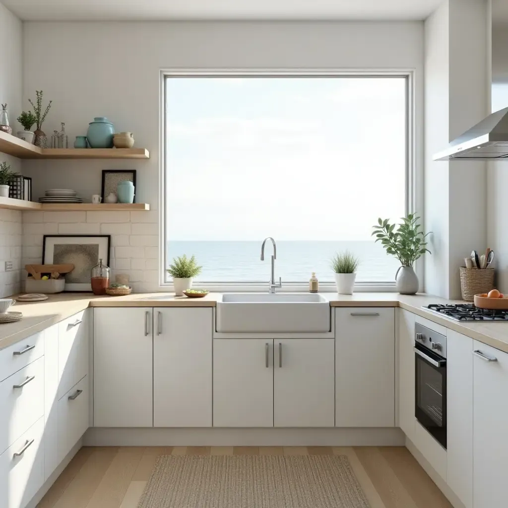 a photo of a kitchen with a large window and sea-inspired decor