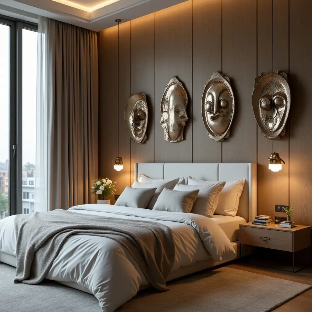 a photo of an artistic bedroom with metallic sculptures