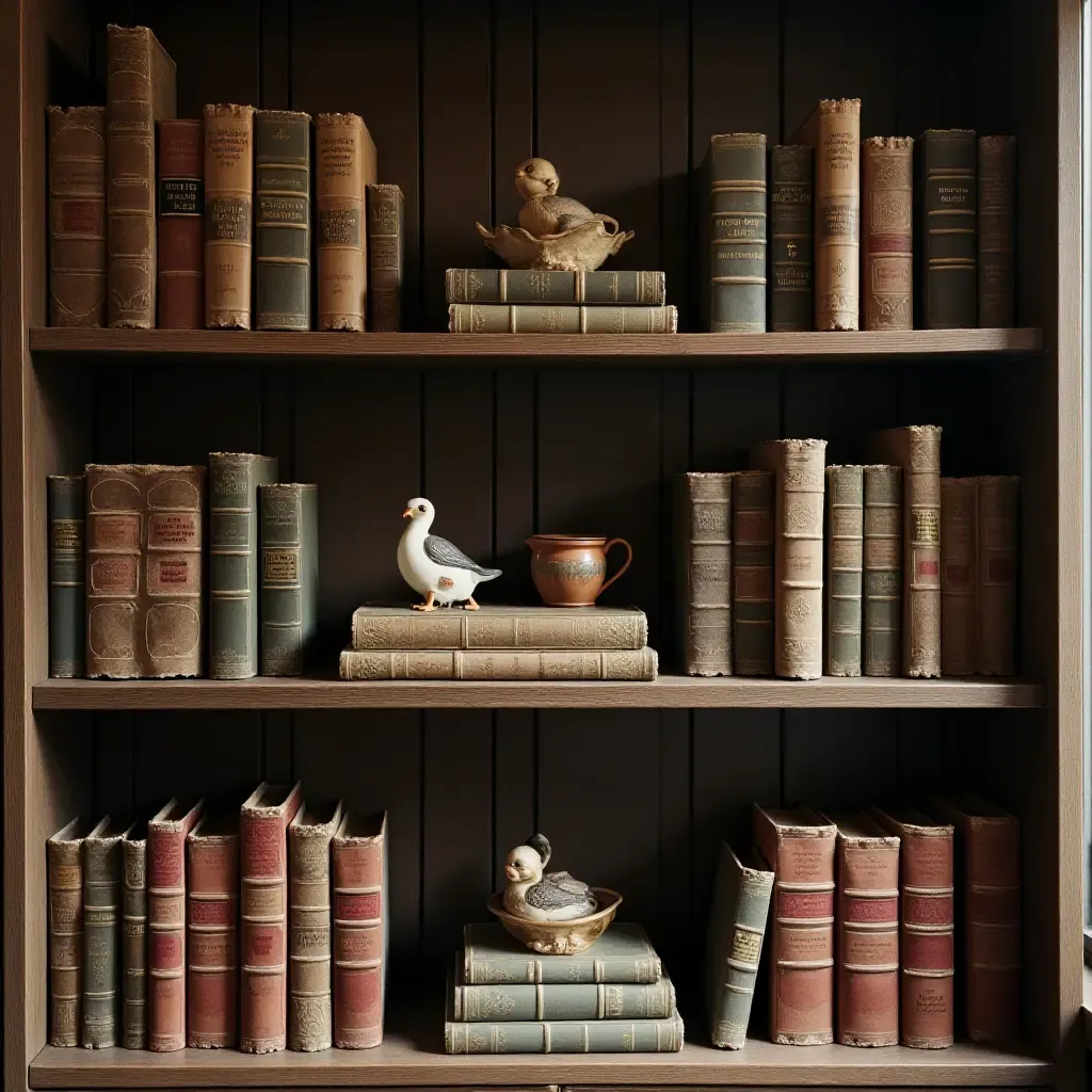 a photo of a vintage-inspired bookshelf filled with classic novels and knick-knacks