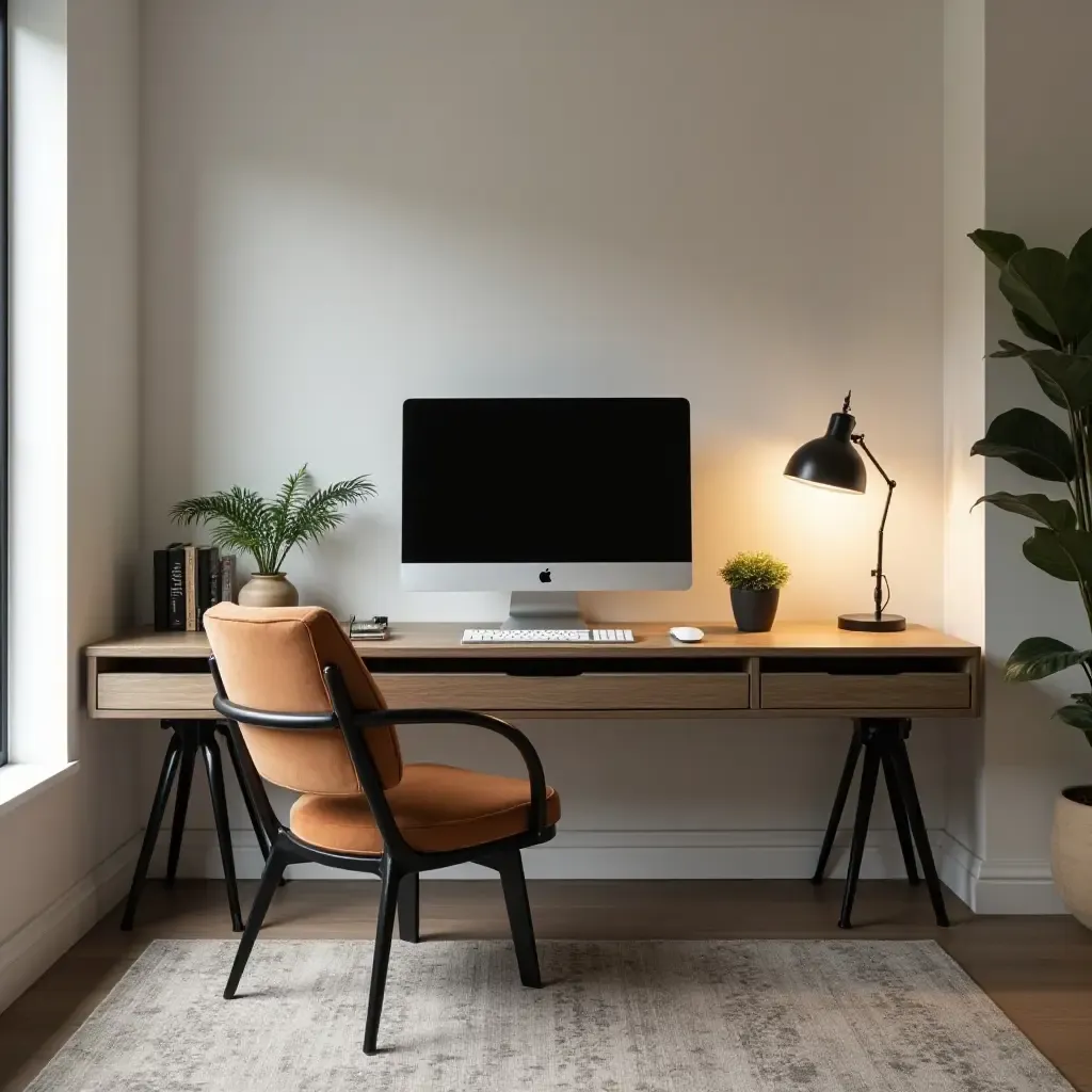 a photo of a trendy basement workspace with modern desk and chic decor