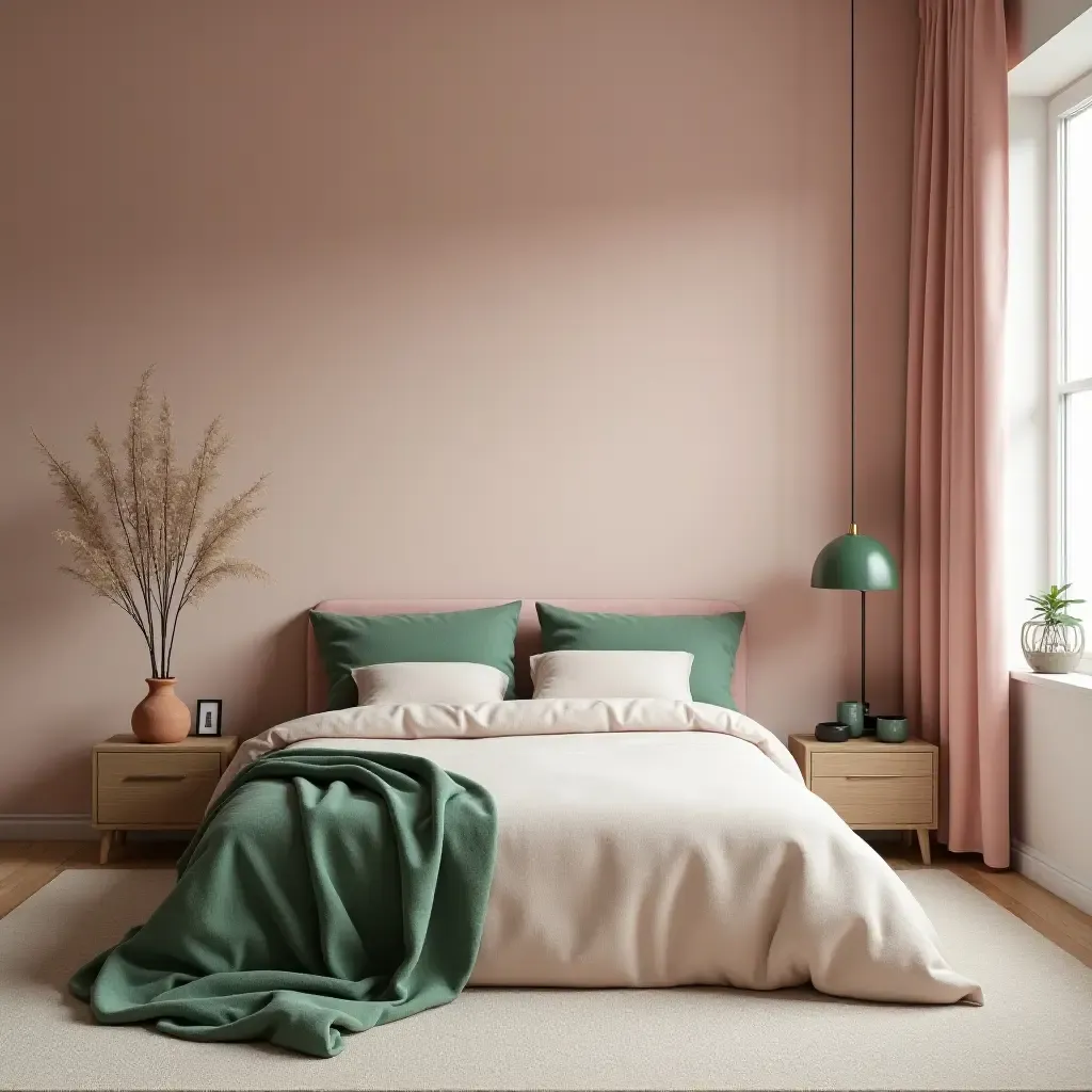 a photo of a minimalist bedroom blending dusty pink and green decor