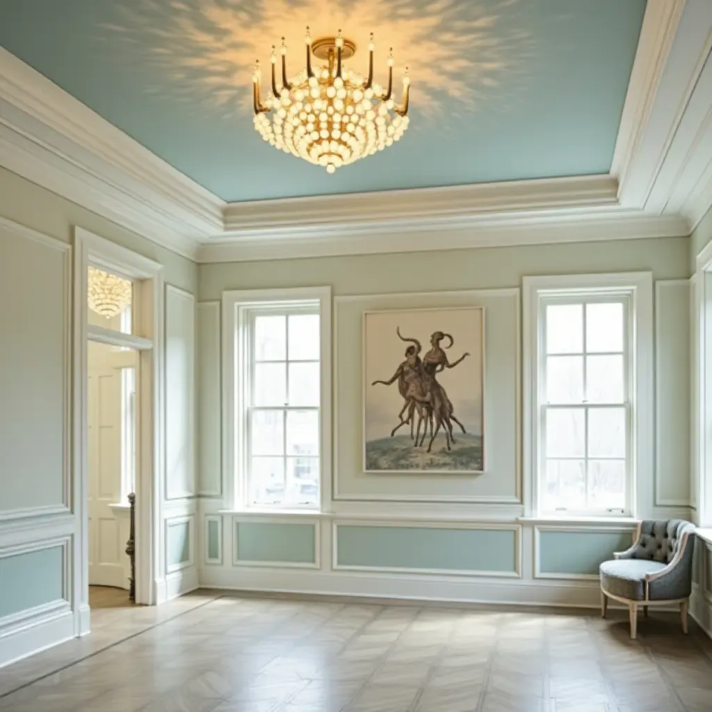 a photo of a cream and blue ceiling with unique light fixtures and artwork