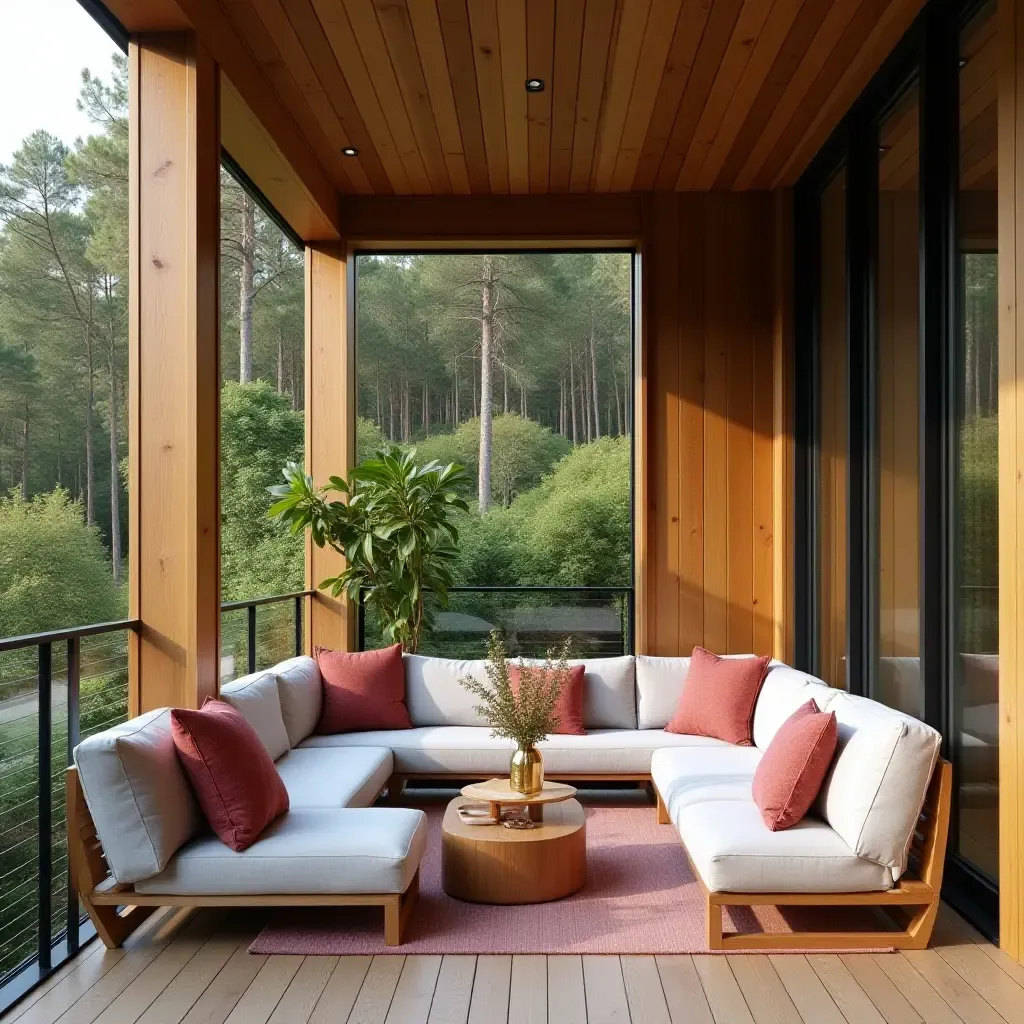 a photo of a balcony with wooden accents and colorful cushions