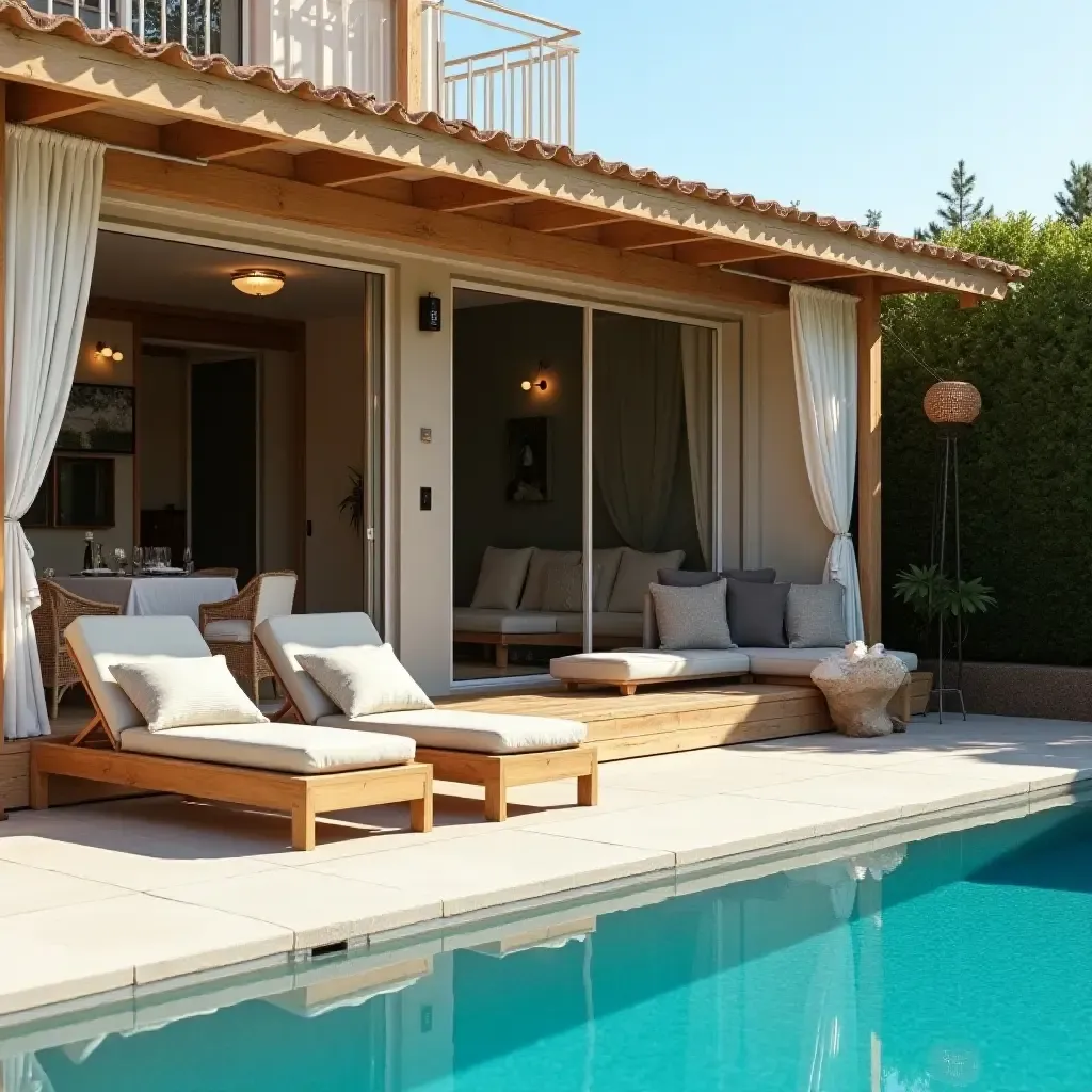 a photo of a wooden lounge area with cushions by the pool