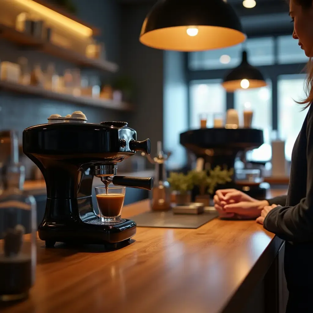 a photo of a high-tech coffee station with smart gadgets and automation