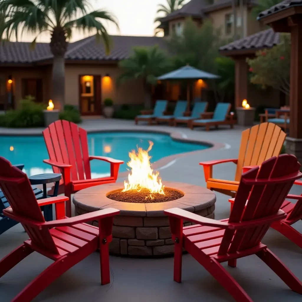 a photo of a cozy fire pit surrounded by colorful chairs near the pool