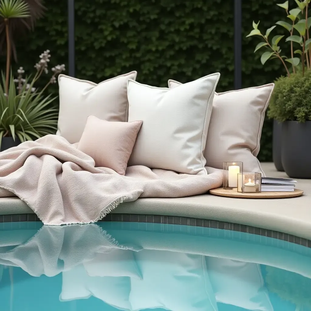 a photo of throw pillows in soft fabrics creating a cozy pool atmosphere