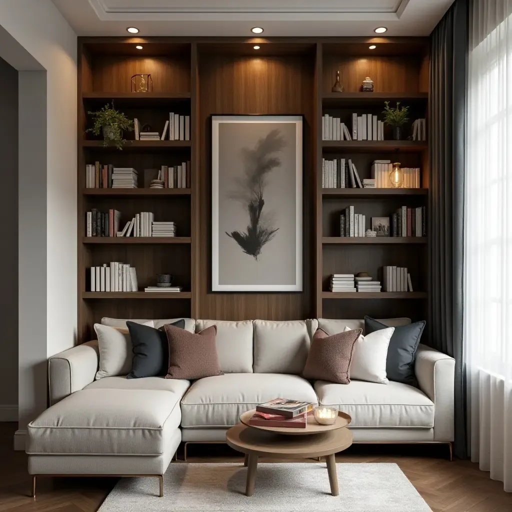 a photo of a corner nook with a stylish bookshelf and comfy seating