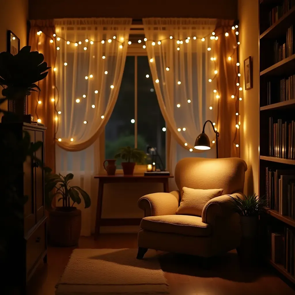 a photo of a reading nook with string lights and a comfortable reading chair