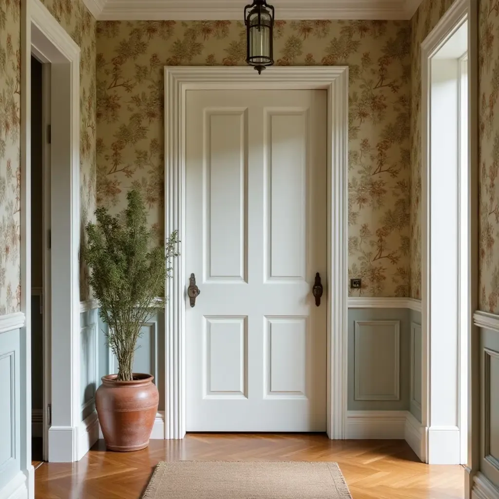 a photo of a vintage-style entryway with patterned wallpaper