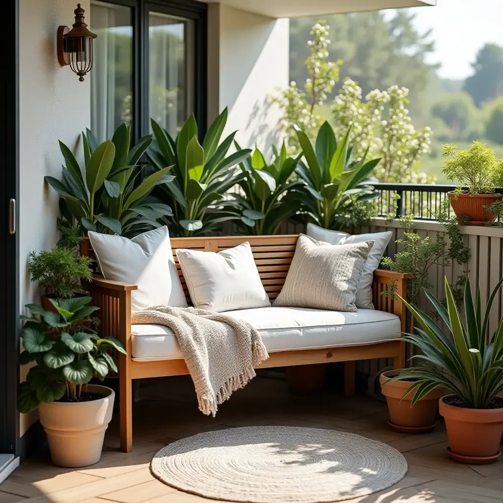 a photo of a balcony with a stylish bench and potted plants