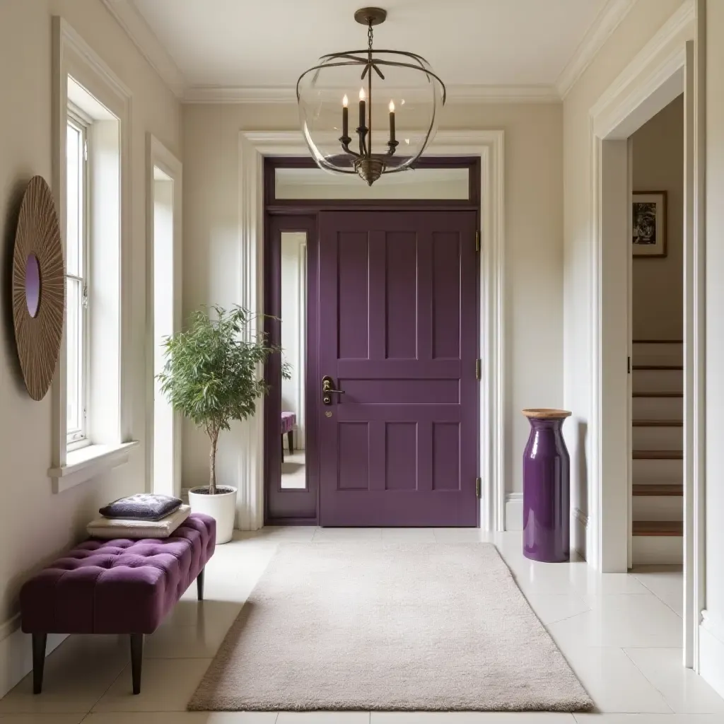 a photo of a sophisticated cream and deep purple entryway with elegant textures