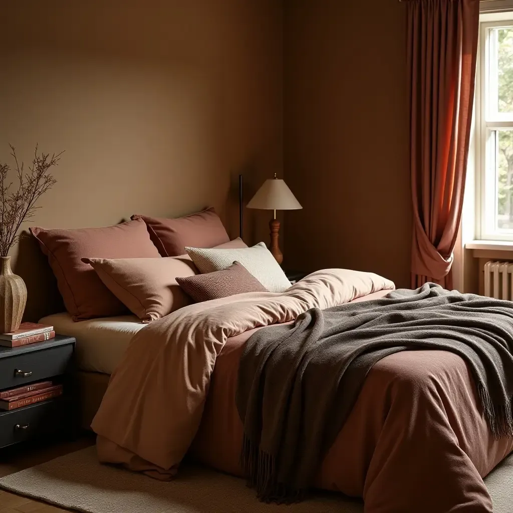 a photo of a bed with layered textiles in rich, earthy tones