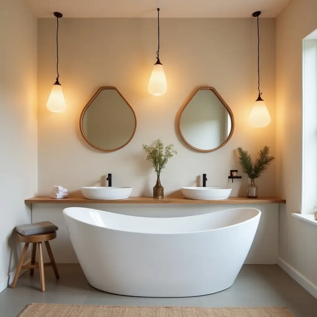 a photo of a playful bathroom with whimsical pendant lights in fun shapes