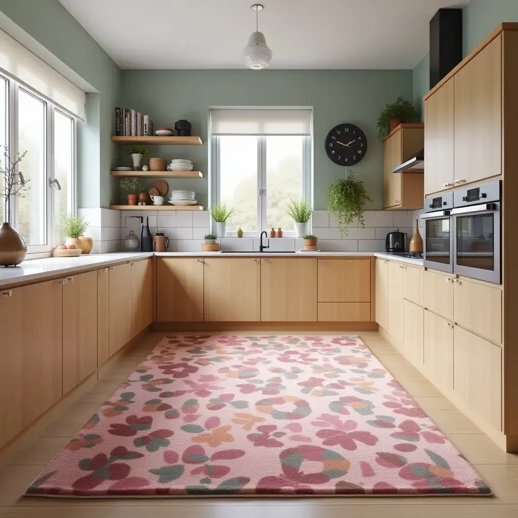 a photo of a kitchen with a fun, quirky rug design