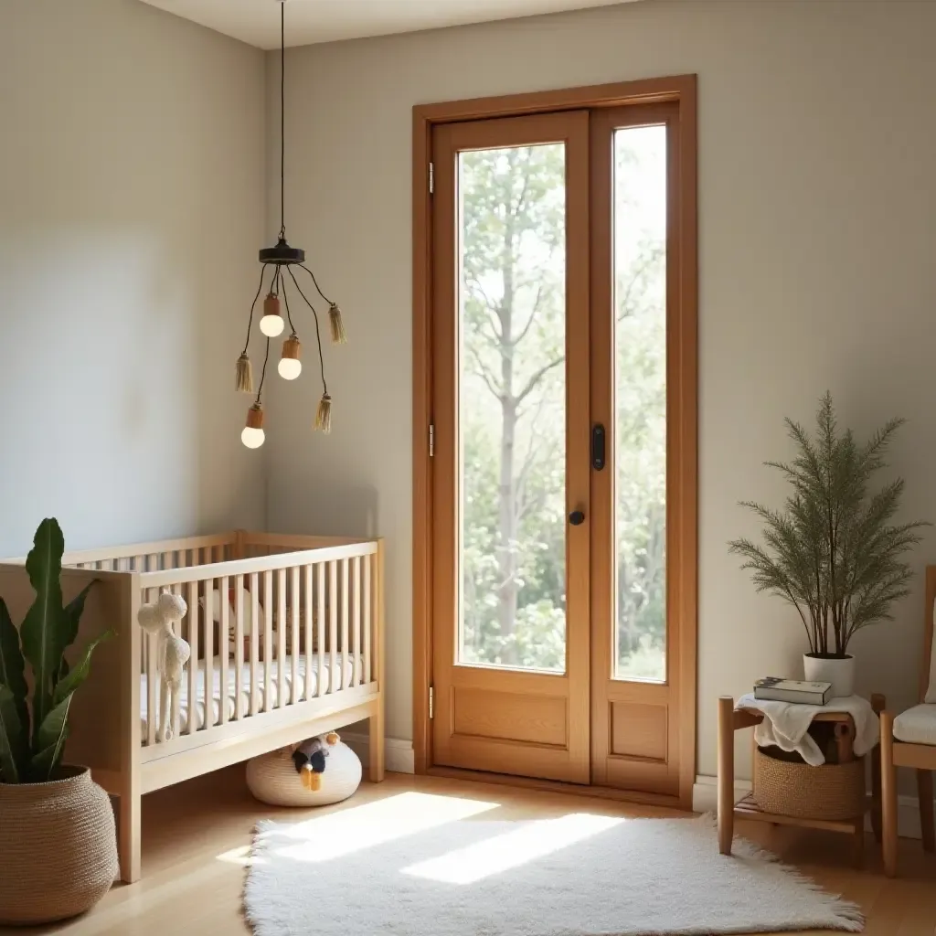 a photo of a nursery with wooden doors and window frames