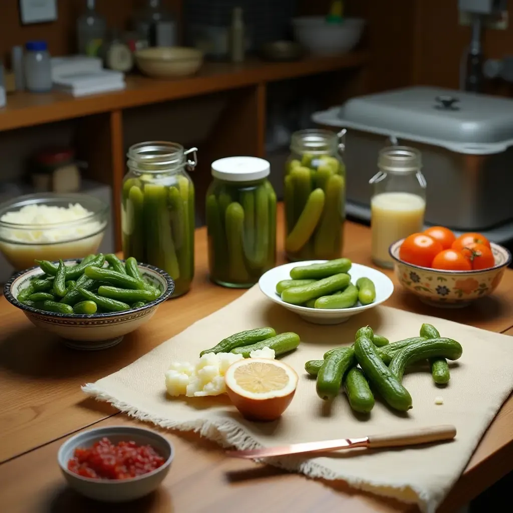 a photo of a Japanese pickle-making workshop with ingredients and tools laid out.