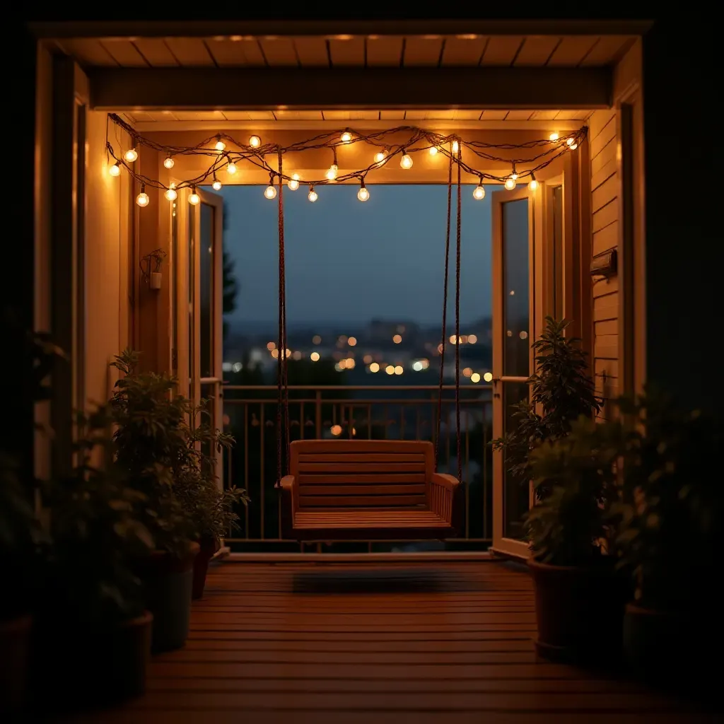 a photo of a balcony with string lights and a vintage swing