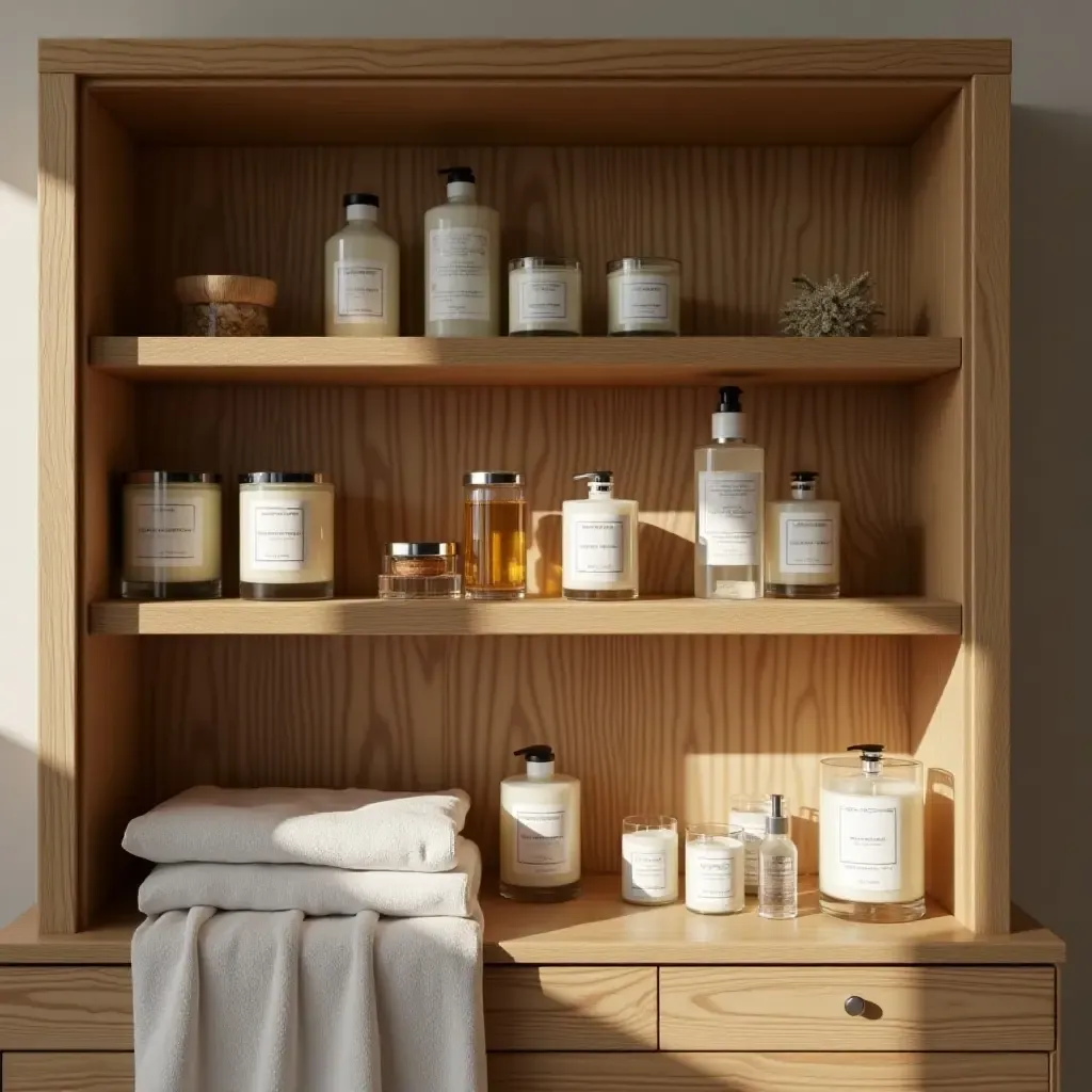 a photo of a wooden shelf with a collection of bath oils and candles