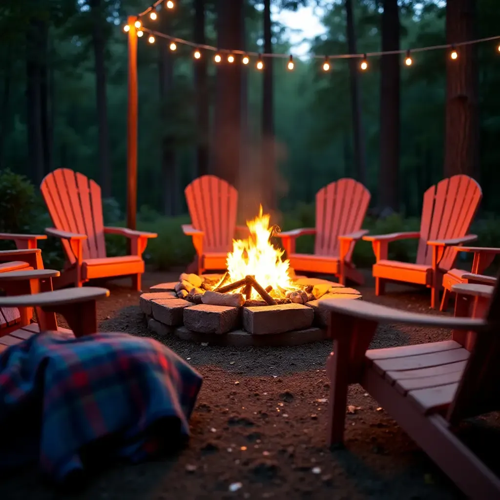 a photo of a fire pit surrounded by colorful chairs and blankets