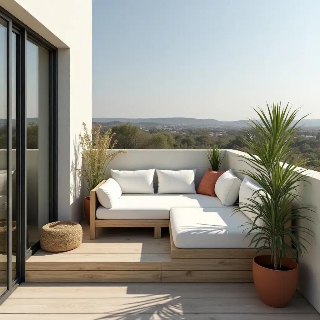 a photo of a small balcony designed for relaxation with a daybed